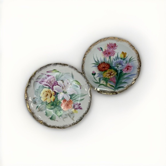 Vintage Hand painted Ceramic Multicolor Flower Wall Plates Gold Rim Set Of 2 - Picture 2 of 9